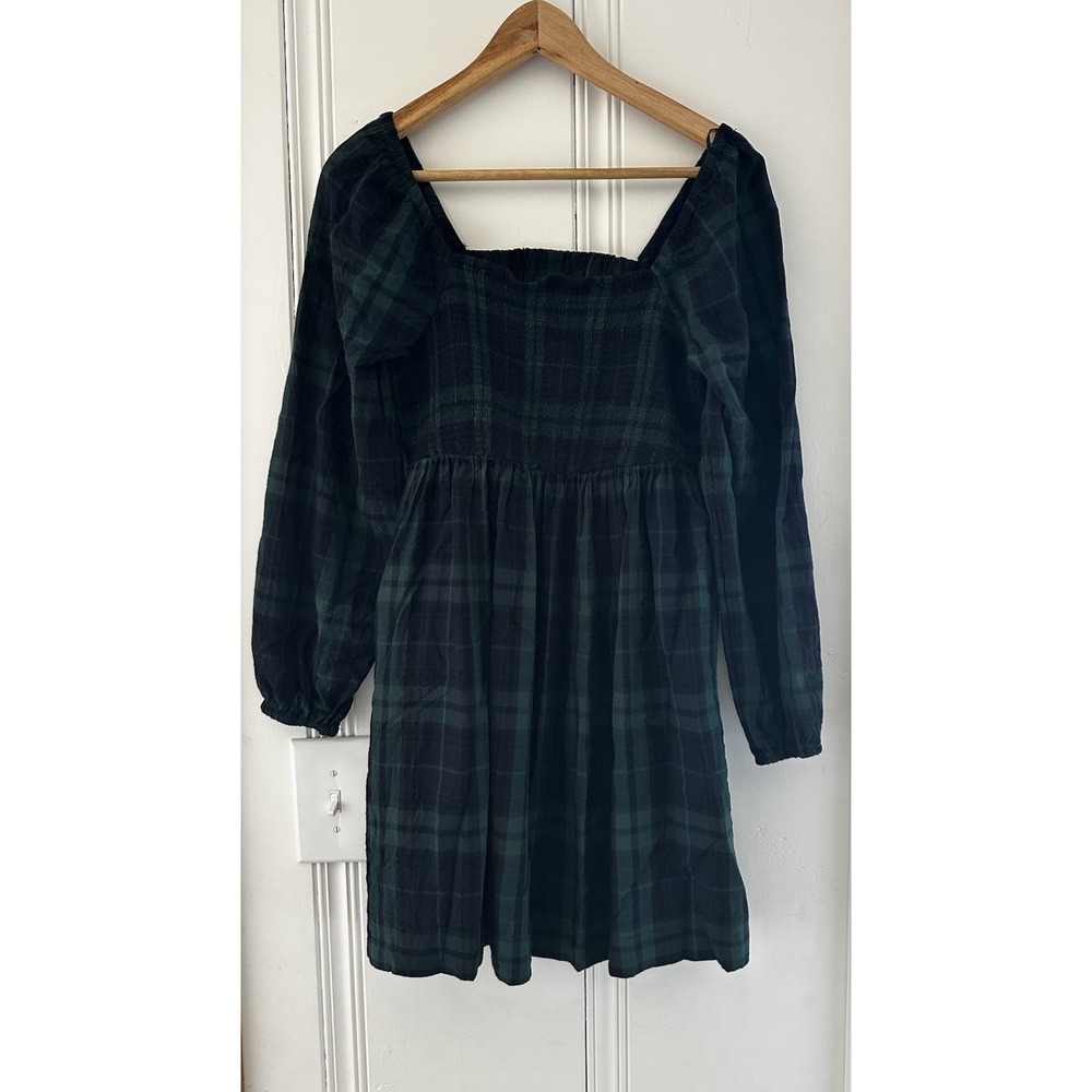 Old Navy Green Plaid Puff Sleeve Dress Smocked Prairie Cottagecore S
